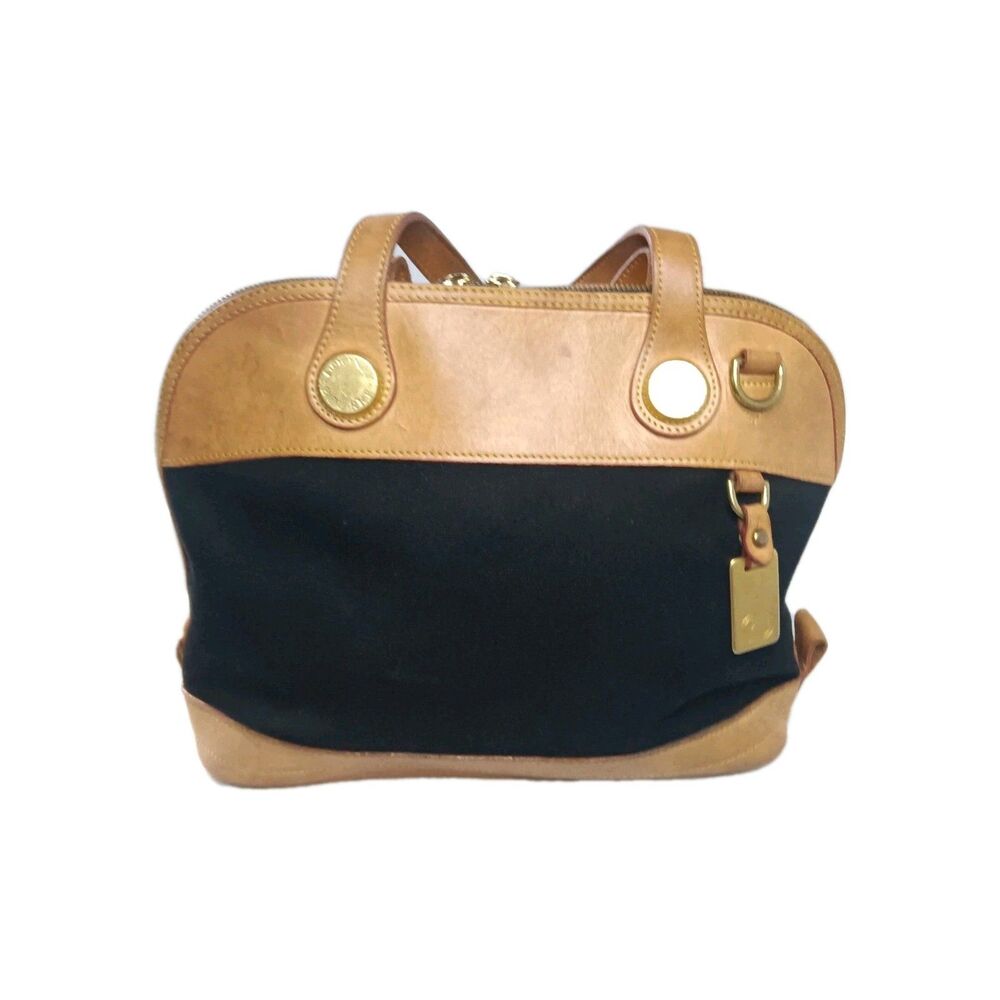 Vintage Dooney & Bourke Cabriolet Bag Black Canvas Tan Leather Domed USA Satchel